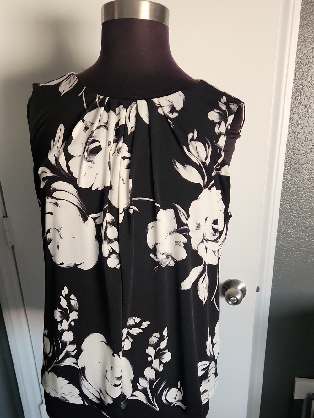 Calvin Klein Black and White Floral Pleated Neck Camisole
